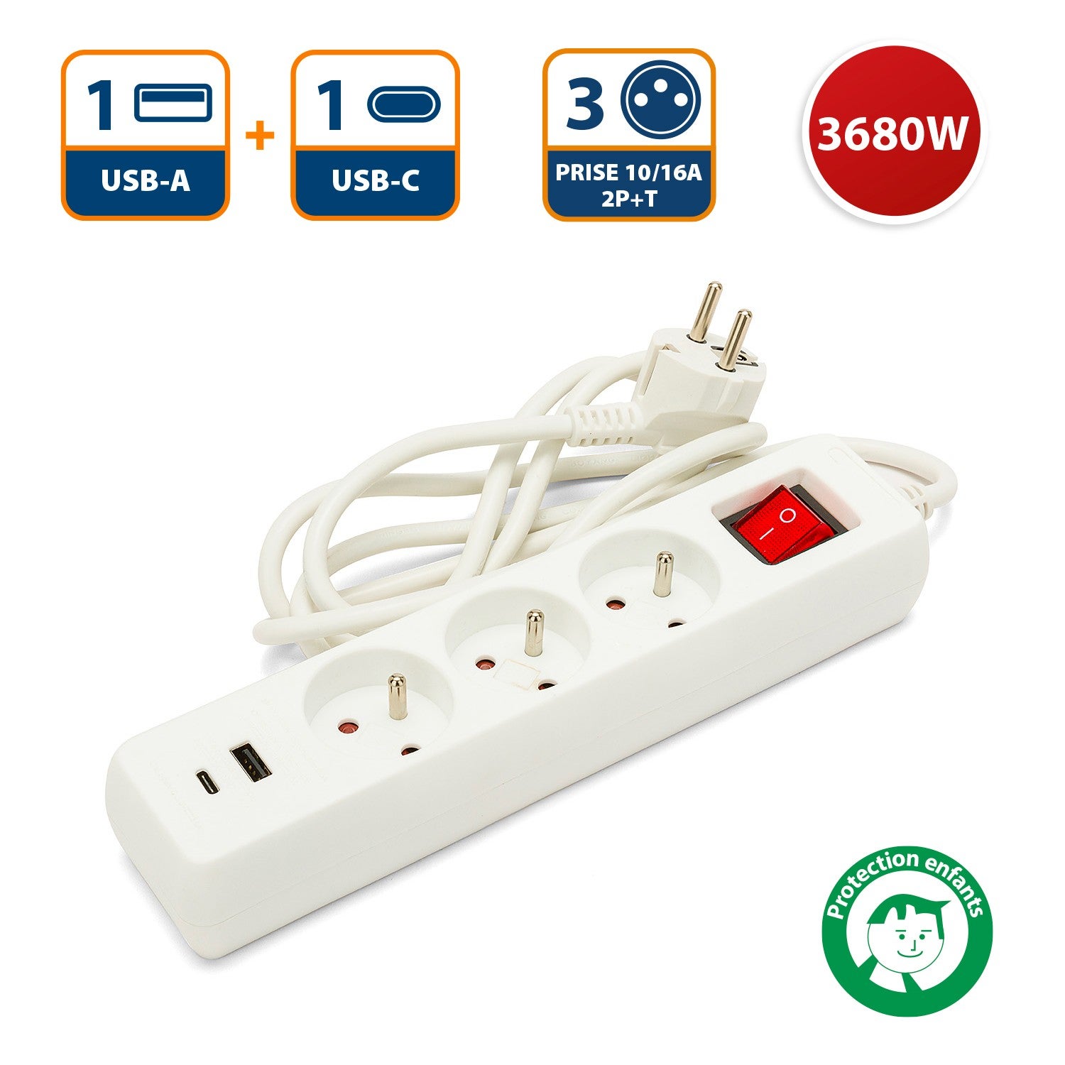 Multiprise française avec 3 sorties 2P+T et 2 prises USB. Câble de 1,5 m - 8
