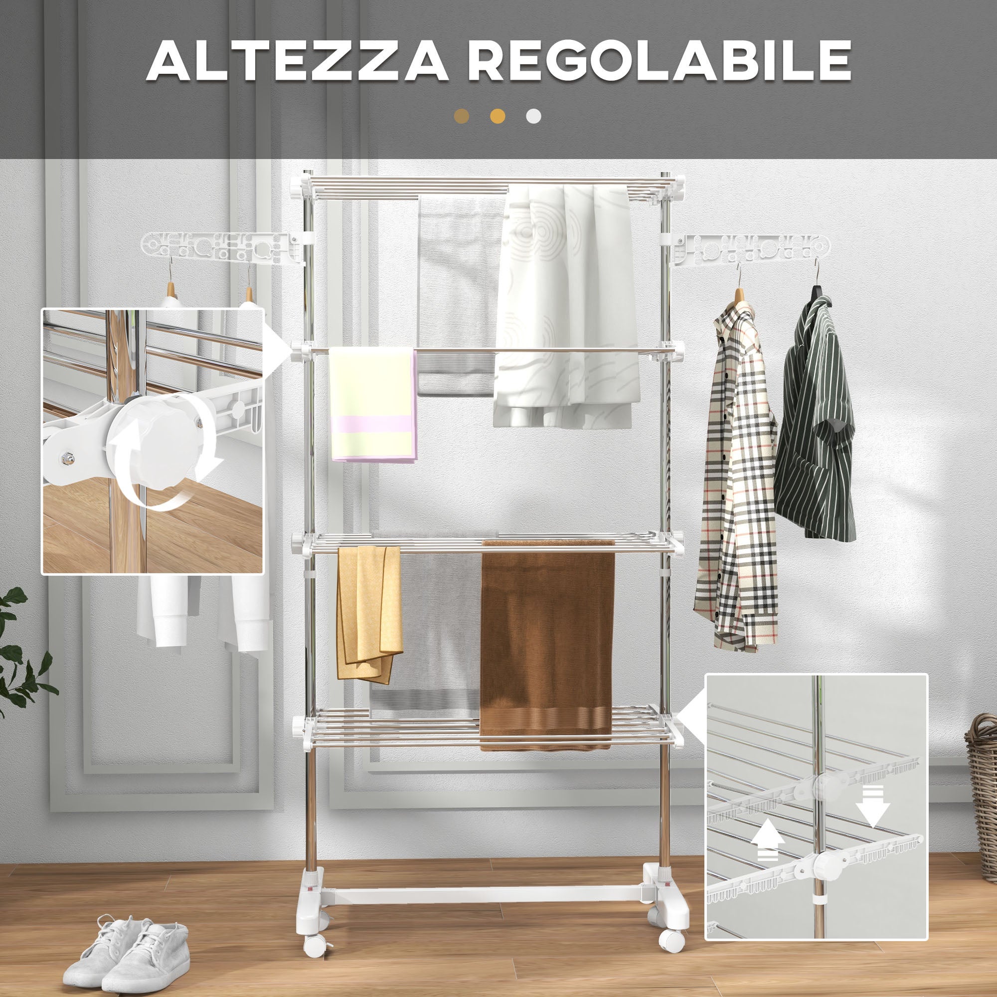 Étendoir à linge pliable en acier inoxydable et plastique,tour de séchage,avec 6 roulettes,crochets et 4 étagères réglables pour une ,142x55x172cm - 5
