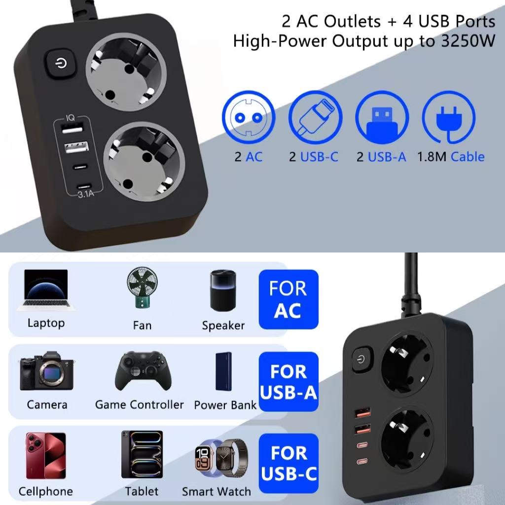 Una multipresa multifunzione con una presa di corrente e quattro porte USB, adatta per la casa, l'ufficio e i viaggi. - 3