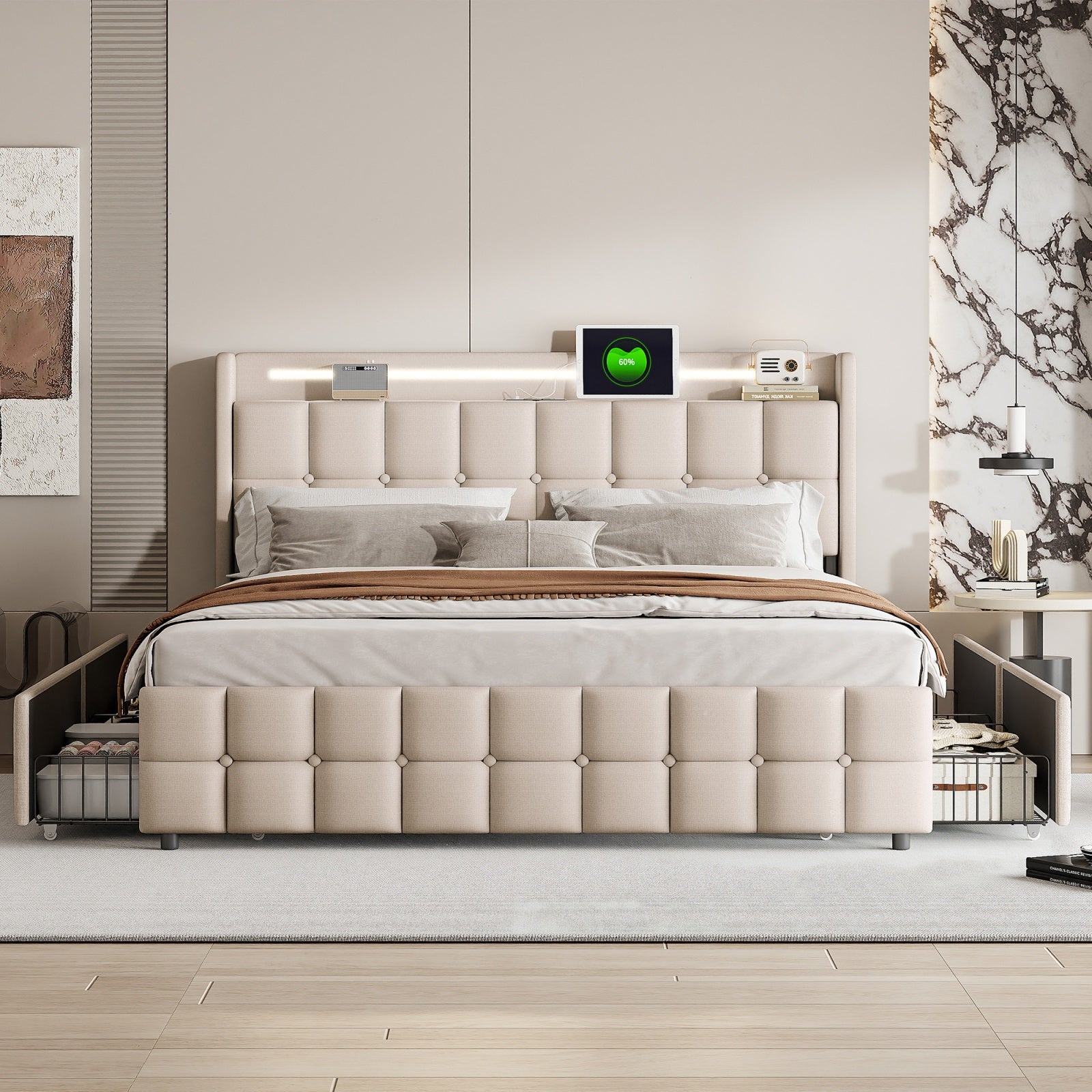 Lit 160 x 200 cm double avec rangement,Lit rembourré,Avec 4 tiroirs,Ports de recharge USB,Éclairage LED réglable,Tissu lin beige,Sommier à lattes - 2