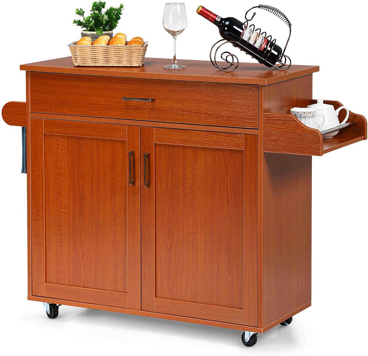 Wózek kuchenny z wieszakiem na ręczniki i deską na przyprawy, wyspa kuchenna z szufladą i półką o regulowanej wysokości, drewniany wózek (brązowy)