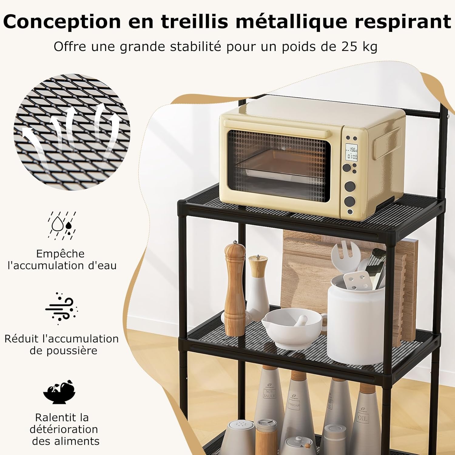 Étagère de Cuisine sur Pieds en Fer, Support de Rangement pour Four à Micro-Ondes de 4 Couches en Maille, Rack de Cuisine Métalliques (Noir) - 4