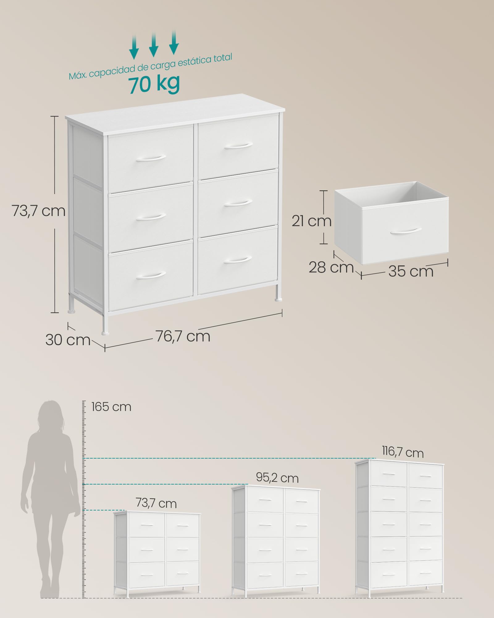 Cómoda moderna de acero con 6 cajones, para dormitorio y salón, blanco - 5