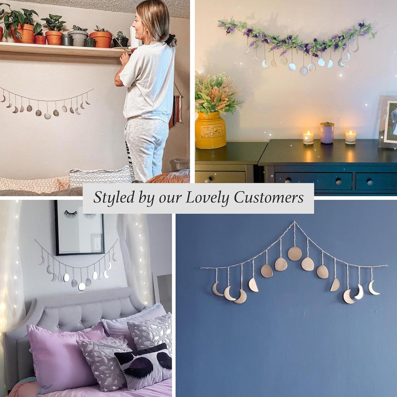 Décoration murale phase de lune,art mural doré pour chambre, style bohème, guirlande murale en métal de 91 cm (13 phases de la lune),argent - 3