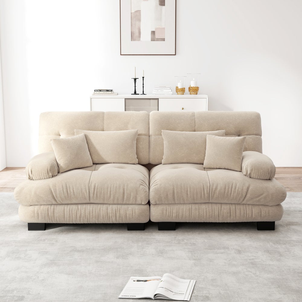 Sofa narożna, szenilowa, 2-osobowa, z 4 poduszkami, rama z litego drewna, jasnobrązowa