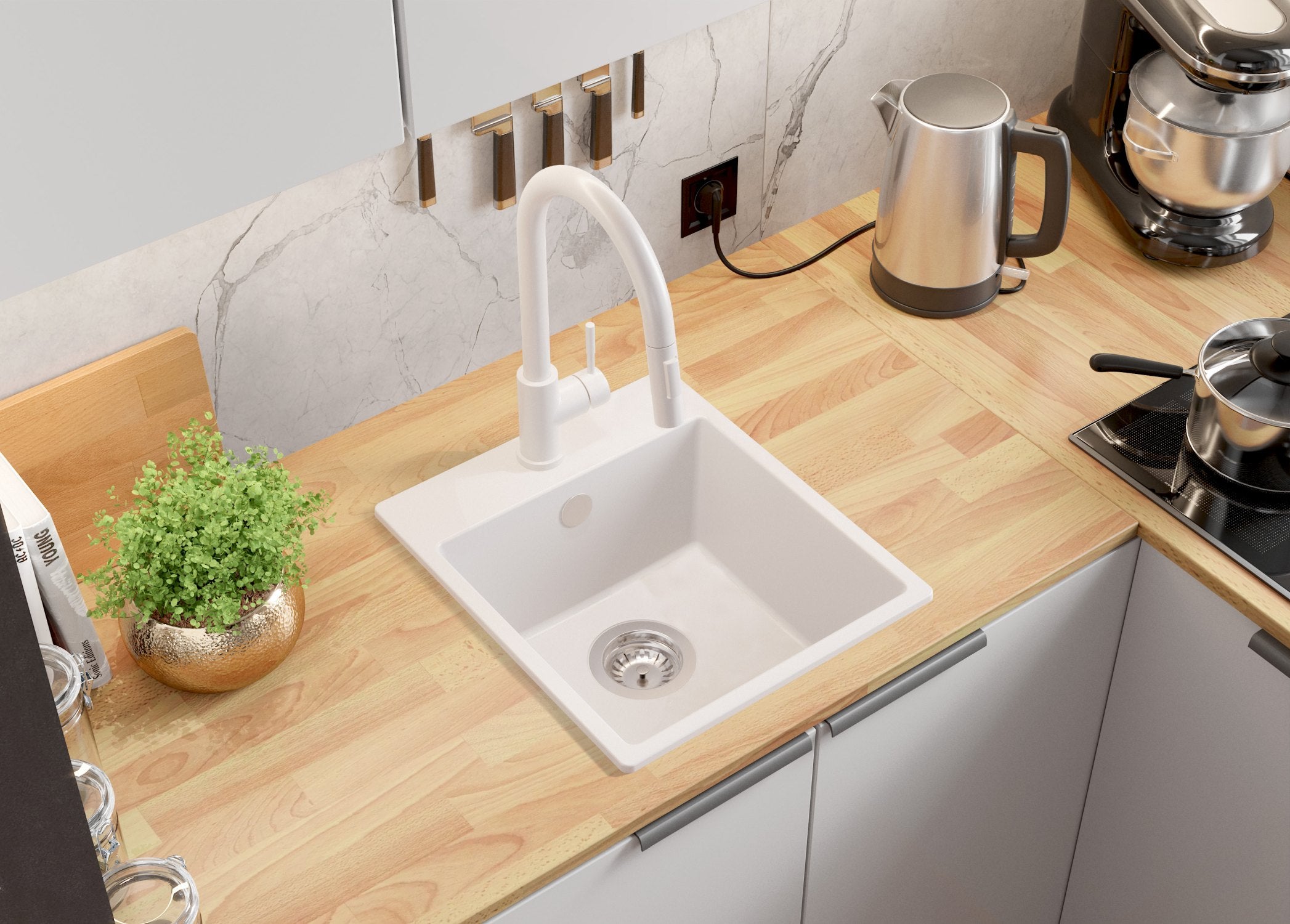 Evier Cuisine en Granit Blanc 38x44cm, Lavabo 1 bac + Kit de Vidage, Évier à Encastrer au meuble 40cm - Riga Easy PRIMAGRAN - 2