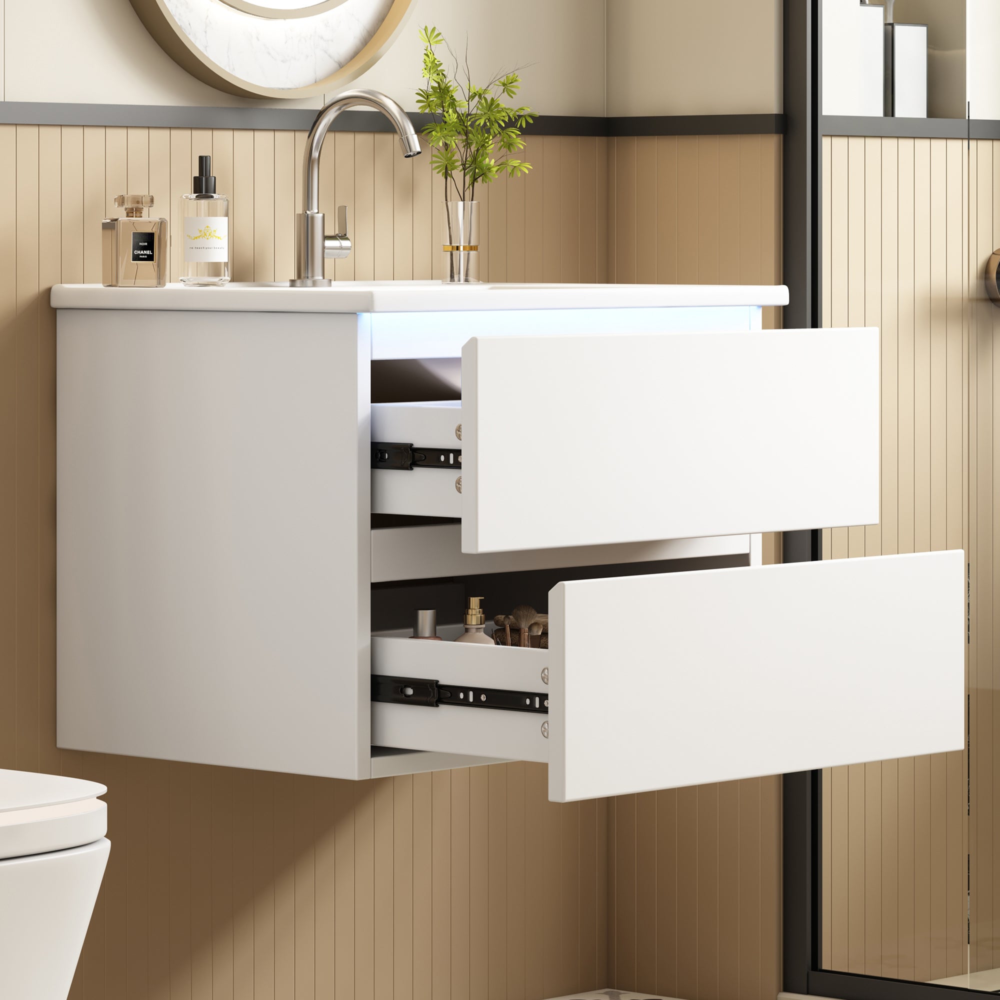 Szafka łazienkowa wisząca - pojedyncza umywalka ceramiczna i 2 szuflady - 61 x 46 x 45 cm - płyta MDF - diody LED - lakier biały