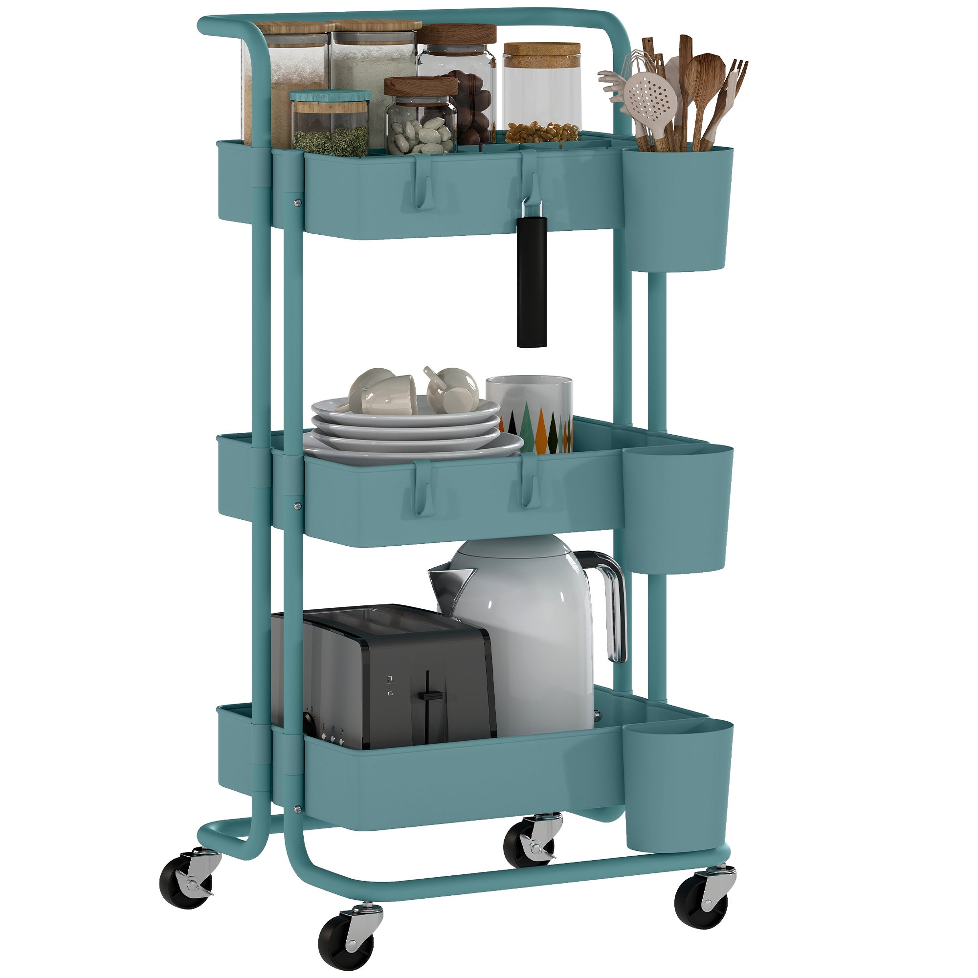 Carro auxiliar con ruedas, carro de almacenamiento multifuncional con ganchos y cajas colgantes, 42 x 38 x 86,5 cm, color azul verdoso.