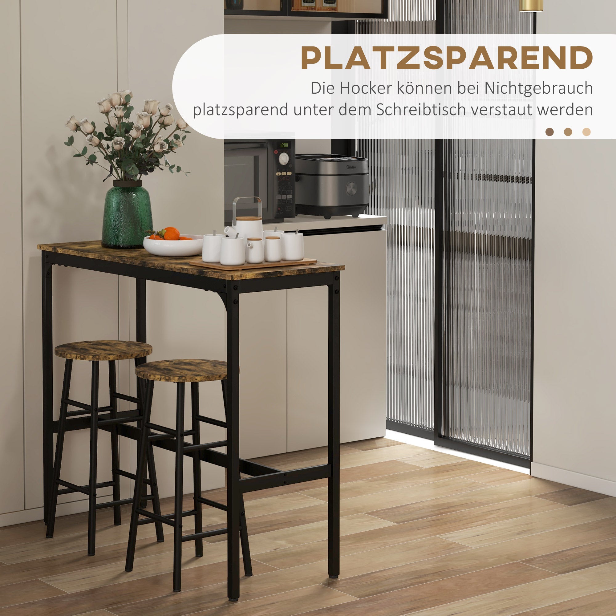 Table de bar, marron +, noir, 3 pièces, avec 2 chaises en design ...
