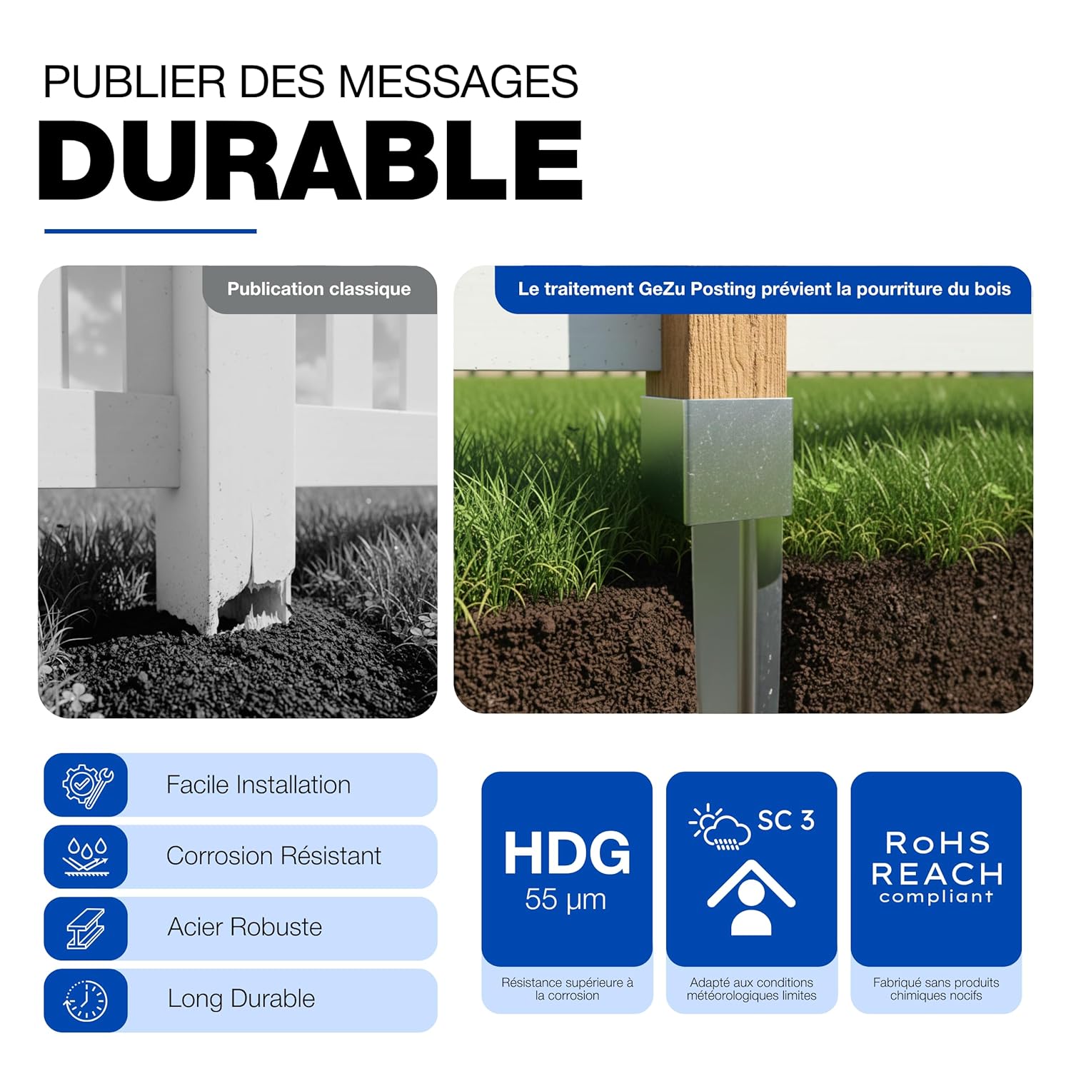 Ancrage au sol 96 x 96 x 750 mm galvanisé à chaud Lot de 4 douilles de fond d'impact, support de poteau de poteau de poteau de frappe GeZu Impex - 6