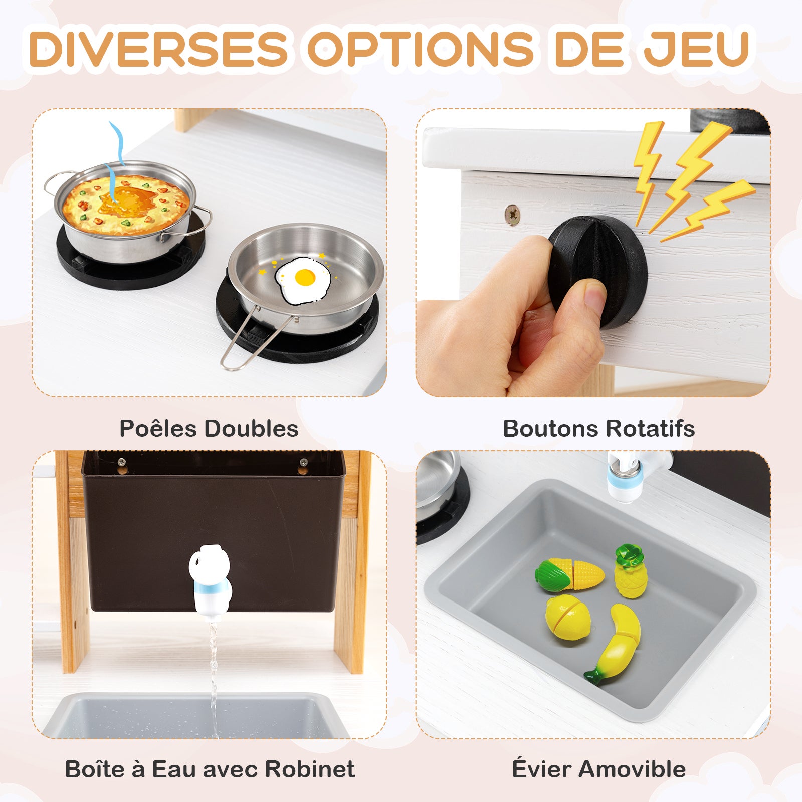 Cuisine Enfant Double Face avec Réservoir à Eau & Evier Amovible, Jeu de Cuisine en Bois avec Auvent & 6 Accessoires, pour 3 Ans+, Naturel - 6