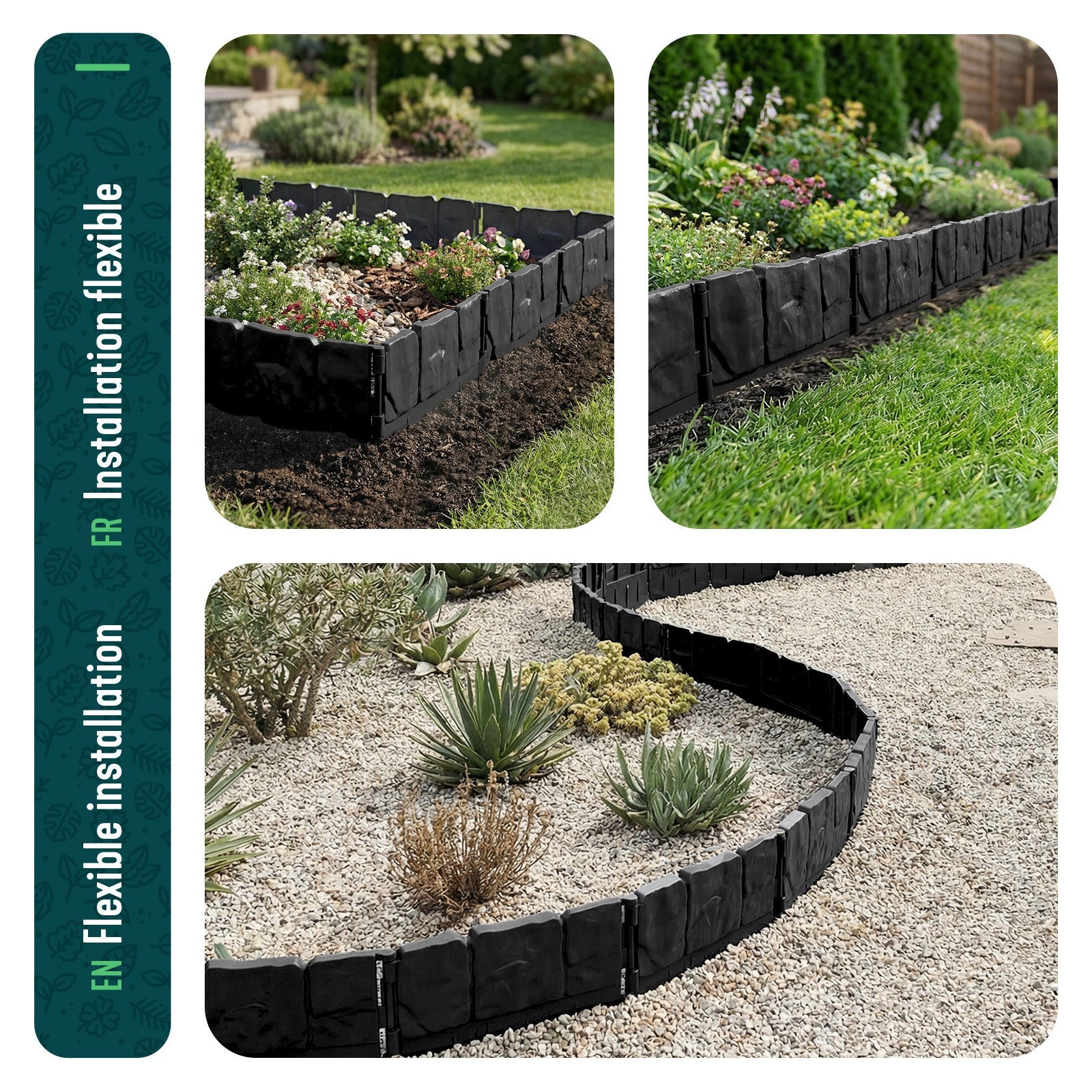 Bordure de jardin imitation pierre 26.7m noir - hauteur 14cm - clôture gazon décorative ultra résistant - lot de 175 - VOUNOT® - 7
