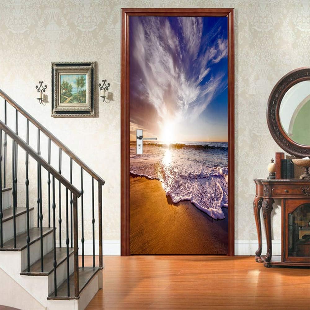 Naklejka na drzwi z efektem trompe l'oeil, tapeta 3D do drzwi wewnętrznych, biura, sypialni, salonu, łazienki – wzór piaszczystych plaż, 77 x 20 cali
