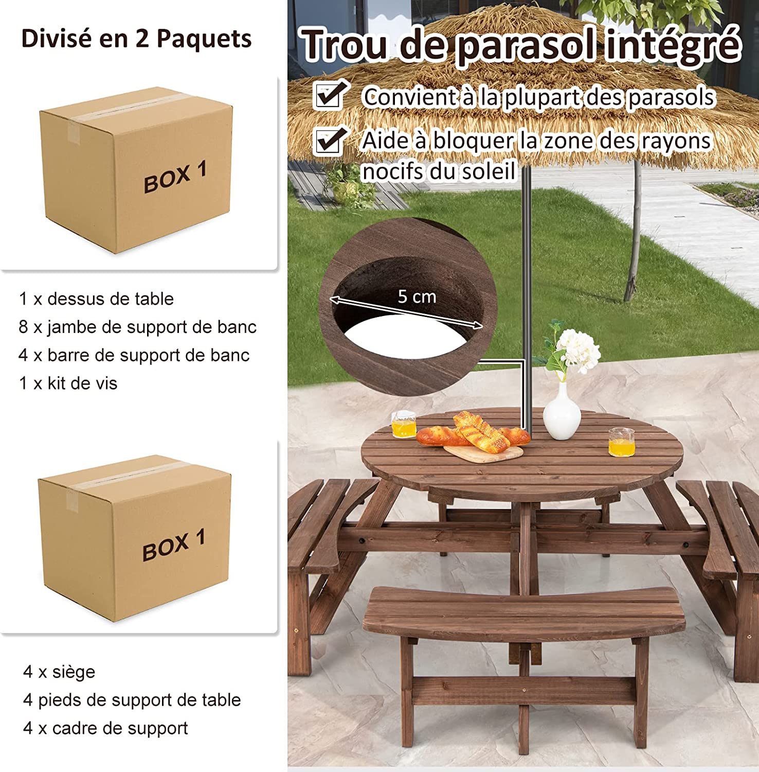 Set Tavolo da Giardino con 4 Panche Integrate, Legno Massiccio, con Foro Ombrellone, per 4-8 Persone, Tavolo Rotondo da Picnic per Esterno, Og - 5