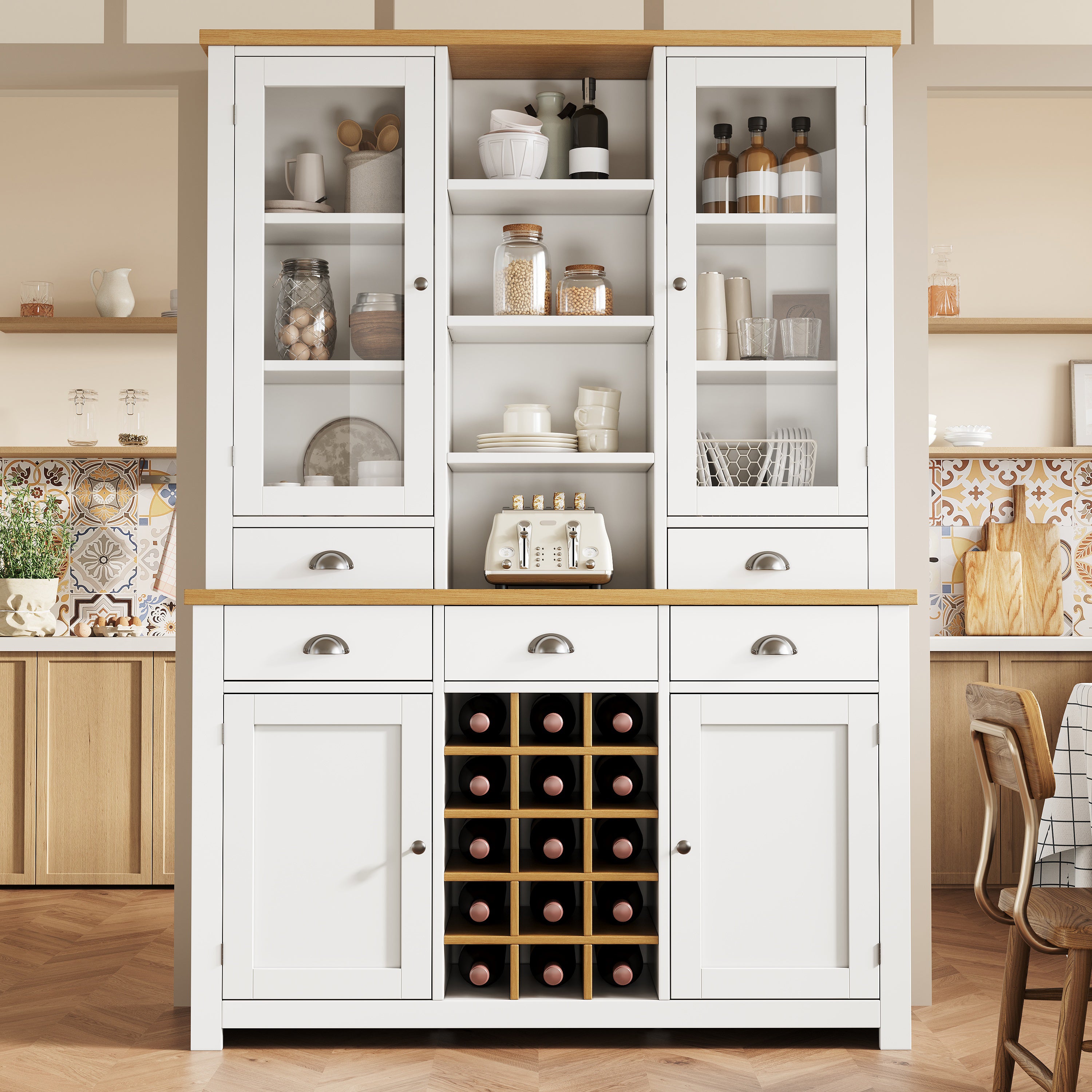 Armario alto multifuncional para uso doméstico, con dispositivo antivuelco, puerta de cristal, tirador metálico, color blanco.