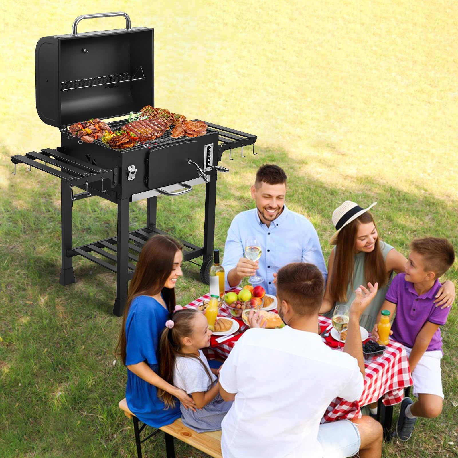 TEENO Chariot barbecue au charbon XXL, grand four à fumigation, noir - 3