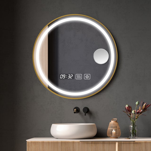 Espelho redondo para banheiro com iluminação LED 60x60cm - espelho antiembaçante com iluminação LED - Borda amarela - com sensor de toque