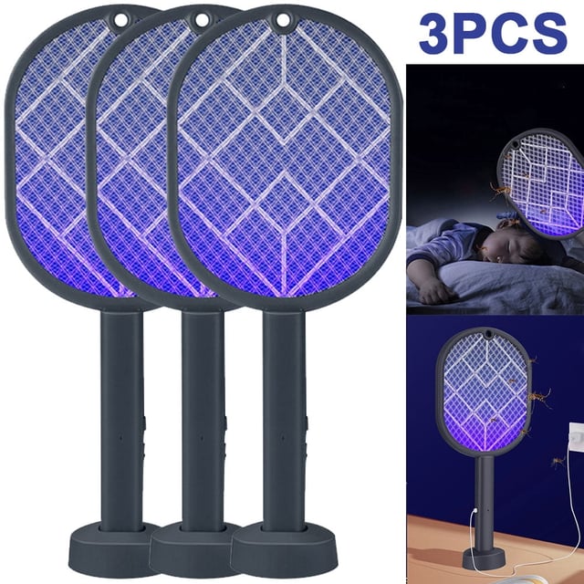 Acchiappa-zanzare elettrico 3 in 1, scaccia-zanzare elettrico ricaricabile con luce LED e base, tensione 3000 V, grigio