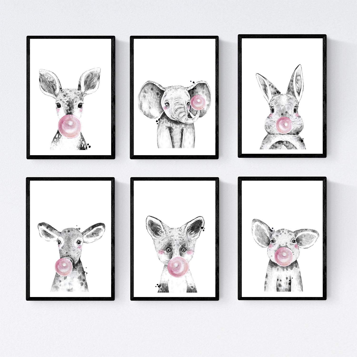 Set 6 posters animales bebes con chicle ciervo cerdo elefante conejo vaca zorro