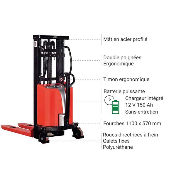 Chariot gerbeur semi-électrique 1,5T - Hauteur max 3000mm - Palette Europe - Idéal espaces restreints - HES15/3000 - 3