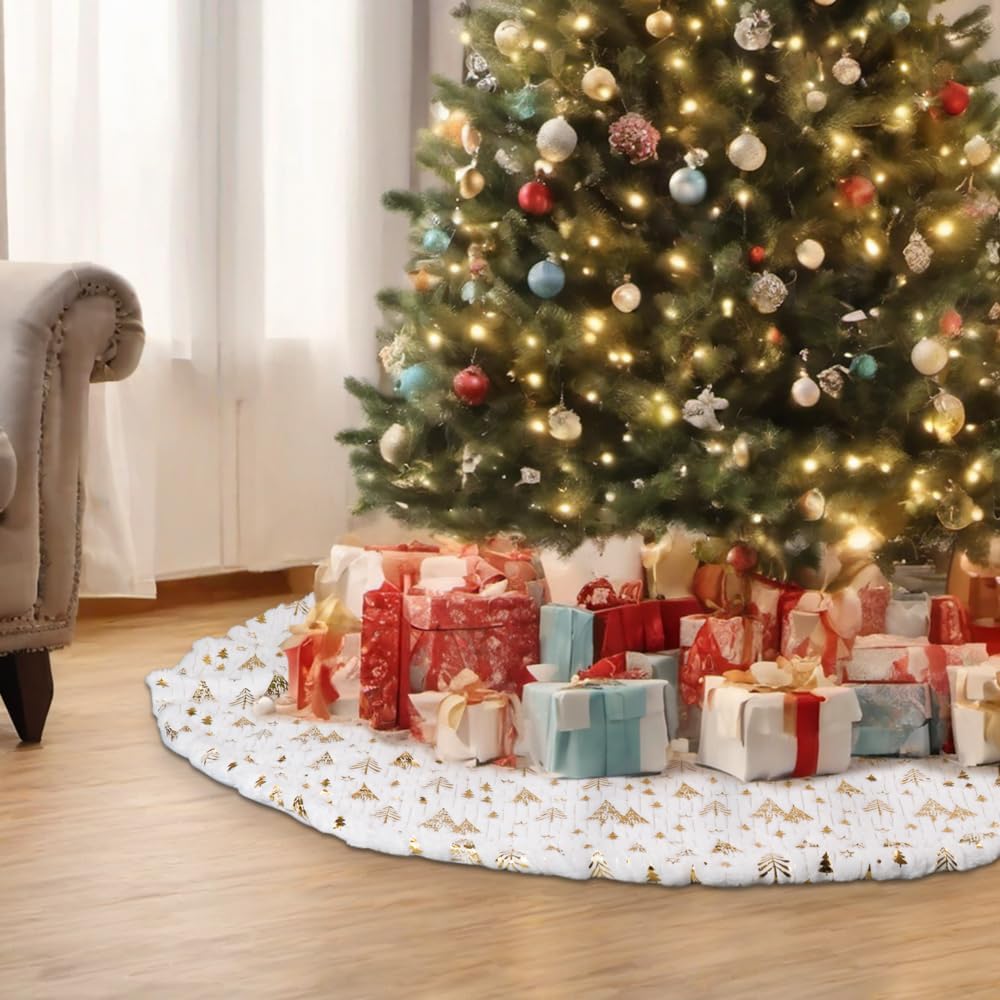 Saia para árvore de Natal, padrão dourado para árvore de Natal, capa para base de árvore de Natal, decoração para casa (122 cm) - 2
