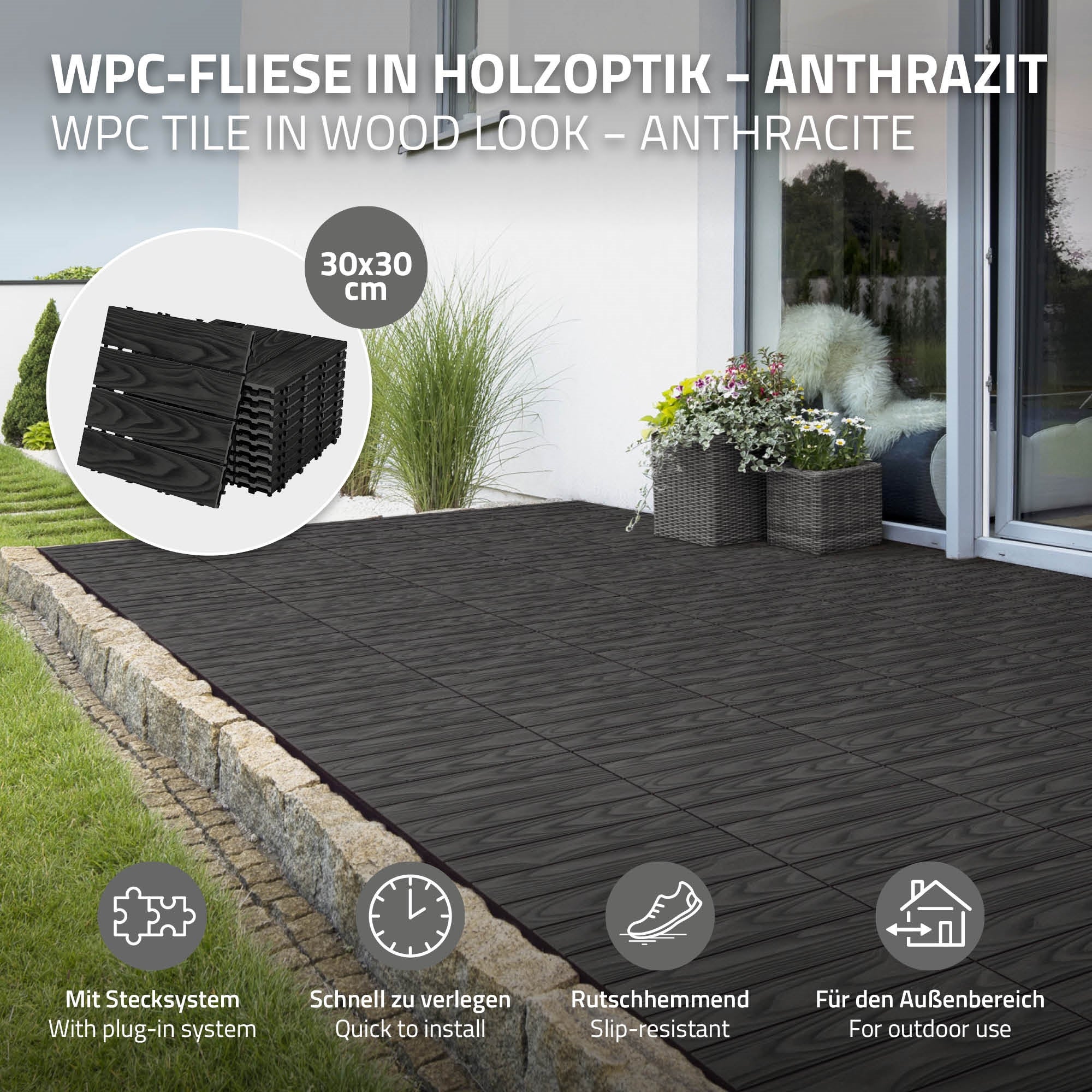 ECD Germany plytki tarasowe wpc 30x30 cm 11 sztuk 1m² kwadratowy antracyt panele podłogowe klik odpływ wodny balkon taras ogród patio weranda - 2