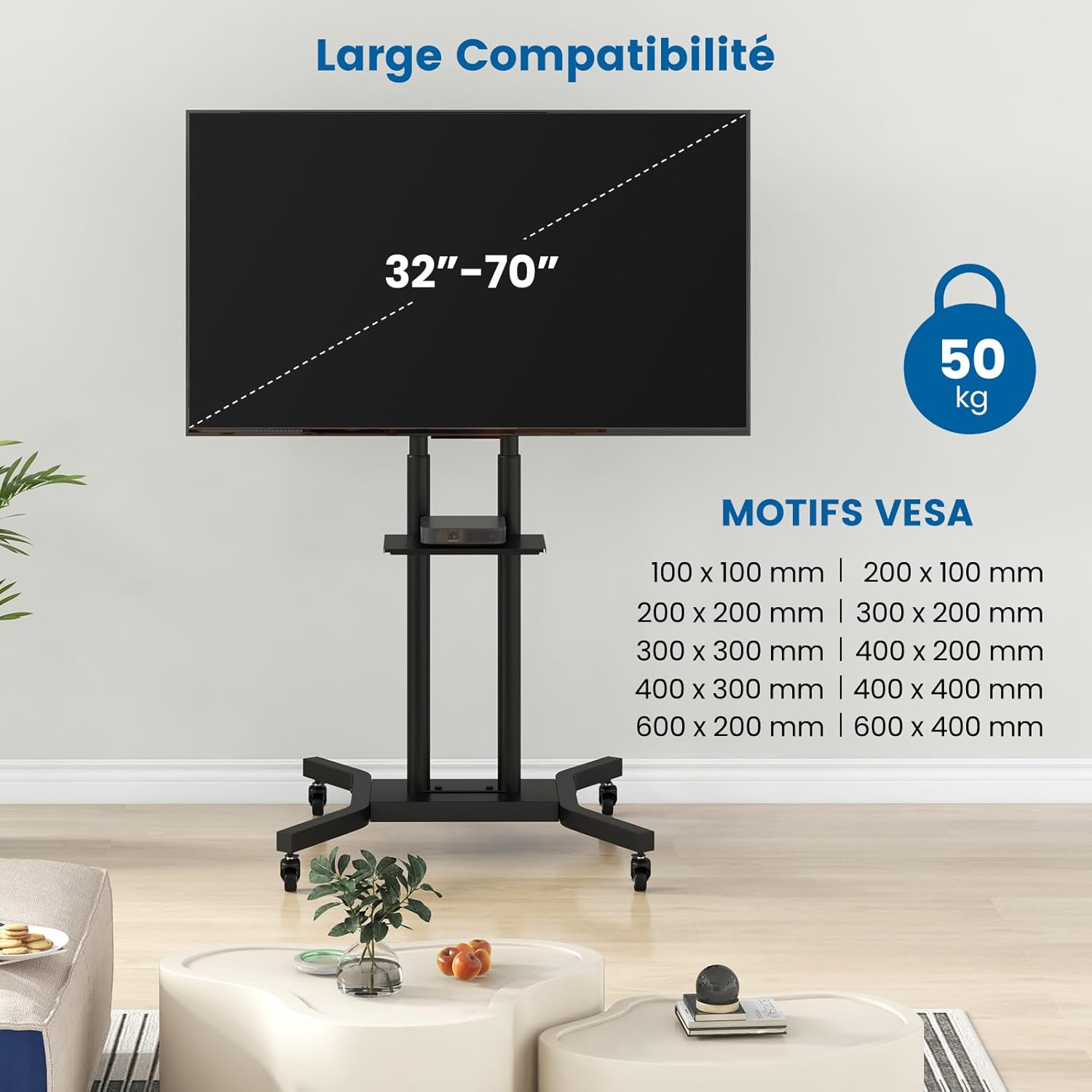 Support TV à roulettes, Support TV sur Pieds en Hauteur Réglable pour Écrans Plats Incurvés 81 à 178cm, Chariot TV Base en H - 4