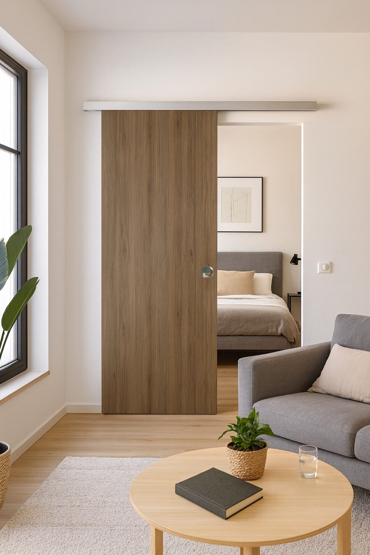 Porte Coulissante Light Walnut H204 X L93 Cm,rail Alu, Coquilles Gd ...