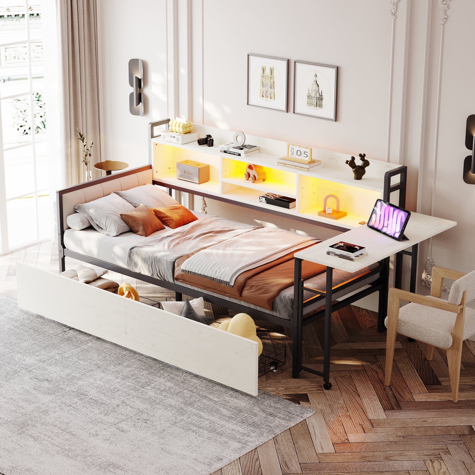Łóżko 90 x 200 cm z 2 szufladami, biurkiem i schowkami, Sofa rozkładana - Żelazo + sklejka + MDF - Białe (bez materaca)