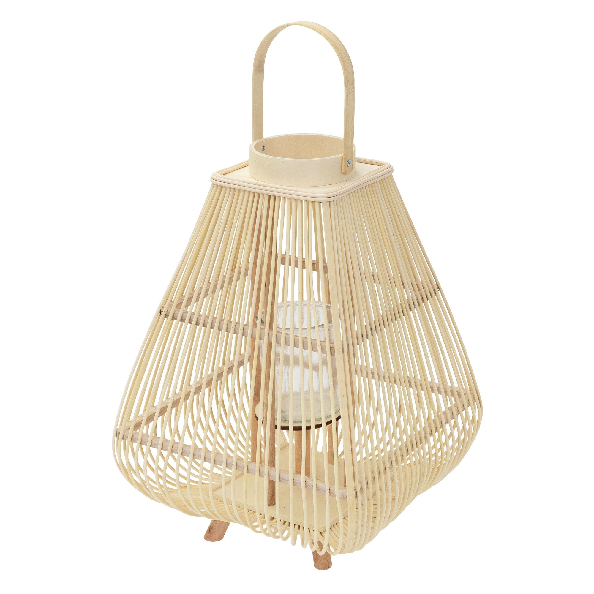 ECD Germany Lampion dekoracyjny latarnia bambusowa 63,5 cm, stylowa ozdoba boho z uchwytem i szklanym wkladem do ogrodu i wnetrz w kolorze naturalnym
