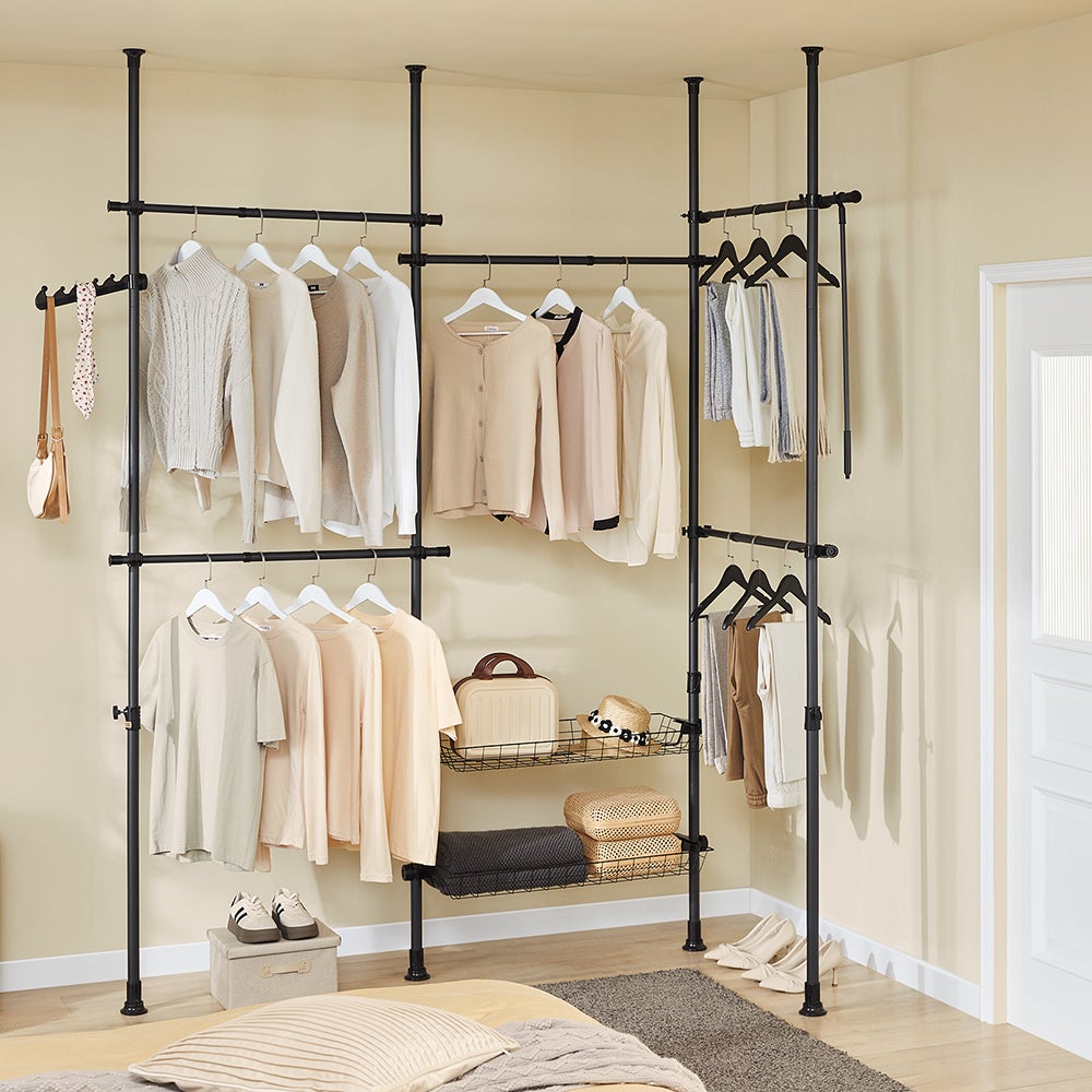 SoBuy Portant à vêtements télescopique solide - Penderie ouverte réglable avec tringles et étagères, Porte manteau pour chambre, Noir, KLS04-II-SCH - 2