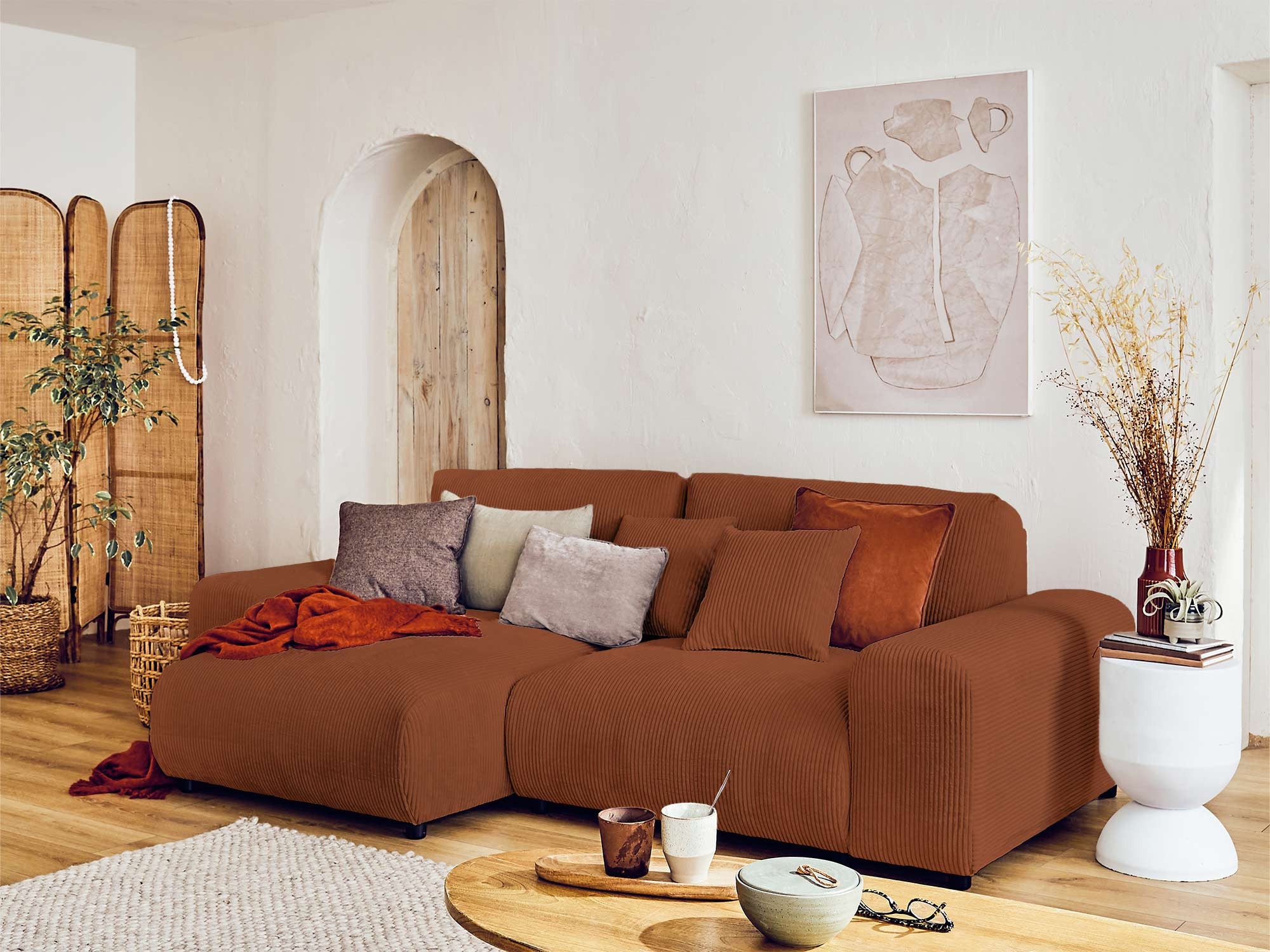 Canapé d'angle réversible 4 places en velours côtelé terracotta - GARANCE - Best Mobilier - 4