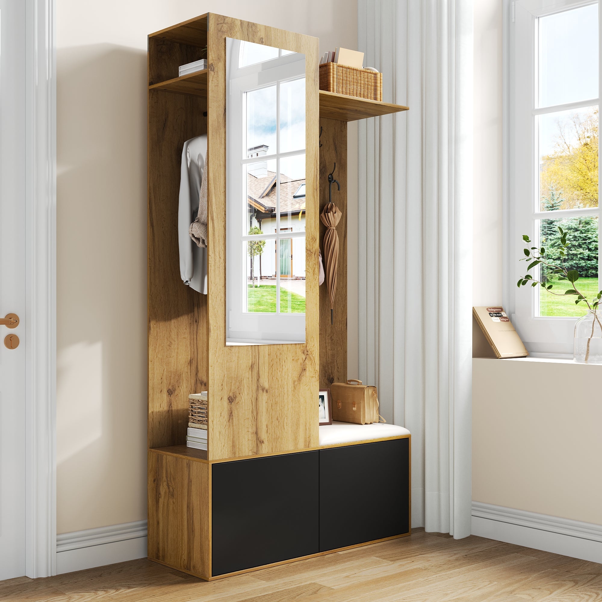 Ensemble meuble à chaussures avec banc + miroir + armoire ouverte - 100 L x 38 l x 191 H cm - 2 portes - MDF - Naturel + noir - 9