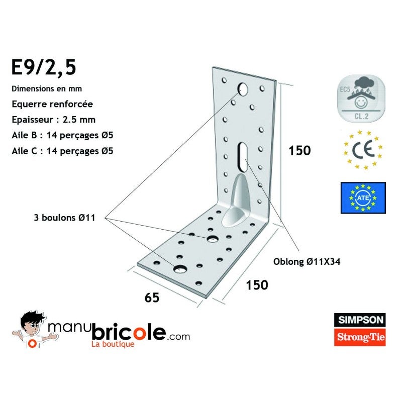 Grande équerre renforcée 150/150/65/2,5 - E9/2.5 - 2
