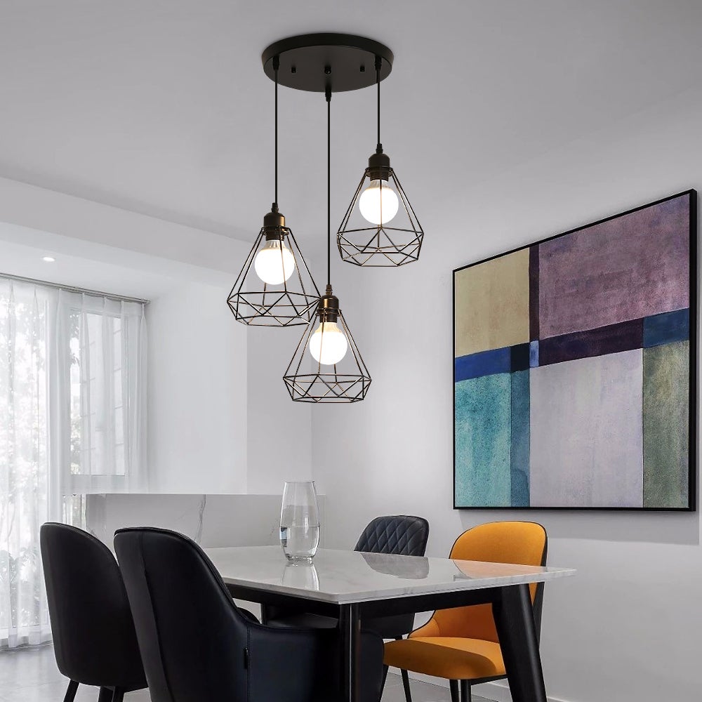 GOECO Suspension en Forme de Diamant avec Trois Abat-jours pour Salle à manger, salon - Câble Ajustable 1m, Base E27(sans Ampoule) - 5