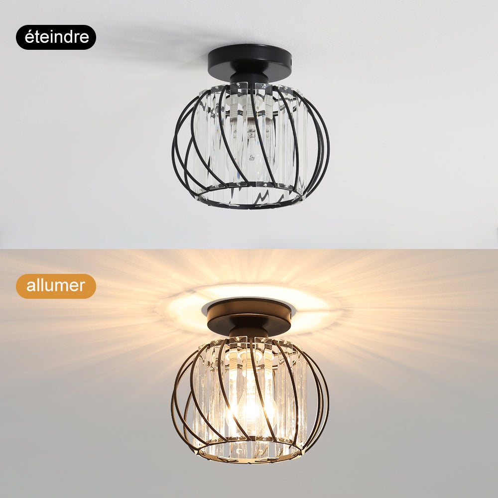 GOECO Plafonnier Industriel Cristal et Métal Noir, Luminaire Plafond Vintage Ø19 cm, Douille E27 Sans Ampoule pour Salon Chambre Couloir - 8