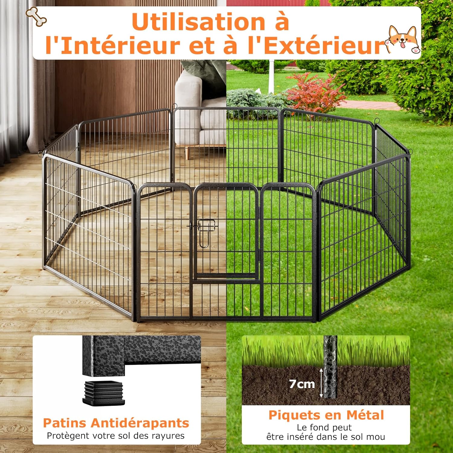 Pista para cães interior/exterior, 8 painéis, pista para cães dobrável portátil com porta, 8 estacas no chão, rotação de 360°, (79 × 60 cm) - 5