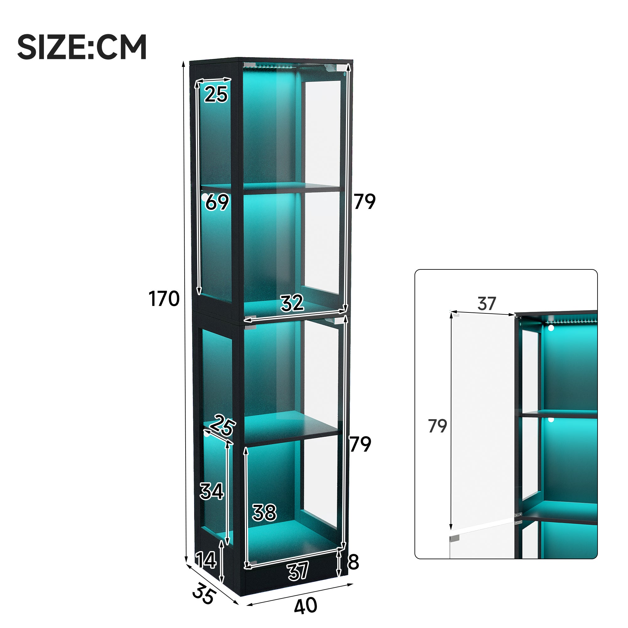 Vitrine en verre 40x35x170cm - Quatre niveaux de rangement - Éclairage LED contrôlable par App - 2 portes - MDF - Noir - 5