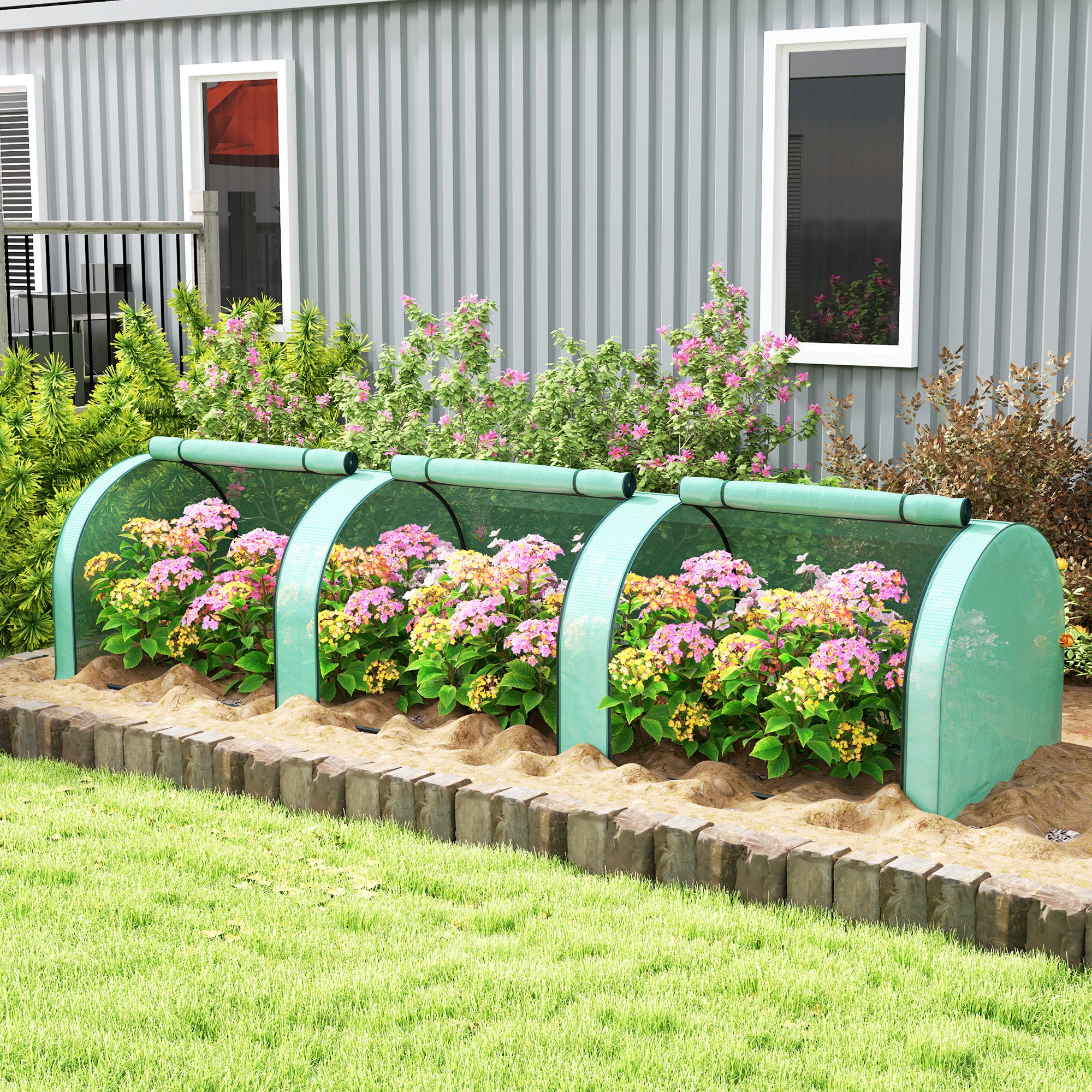 Mini Serre de Jardin tunnel - Outsunny - 3,5 x 1 x 0,8 m - Acier PE Haute densité 140 g/m² - 3 portes nroulables - vert - 2