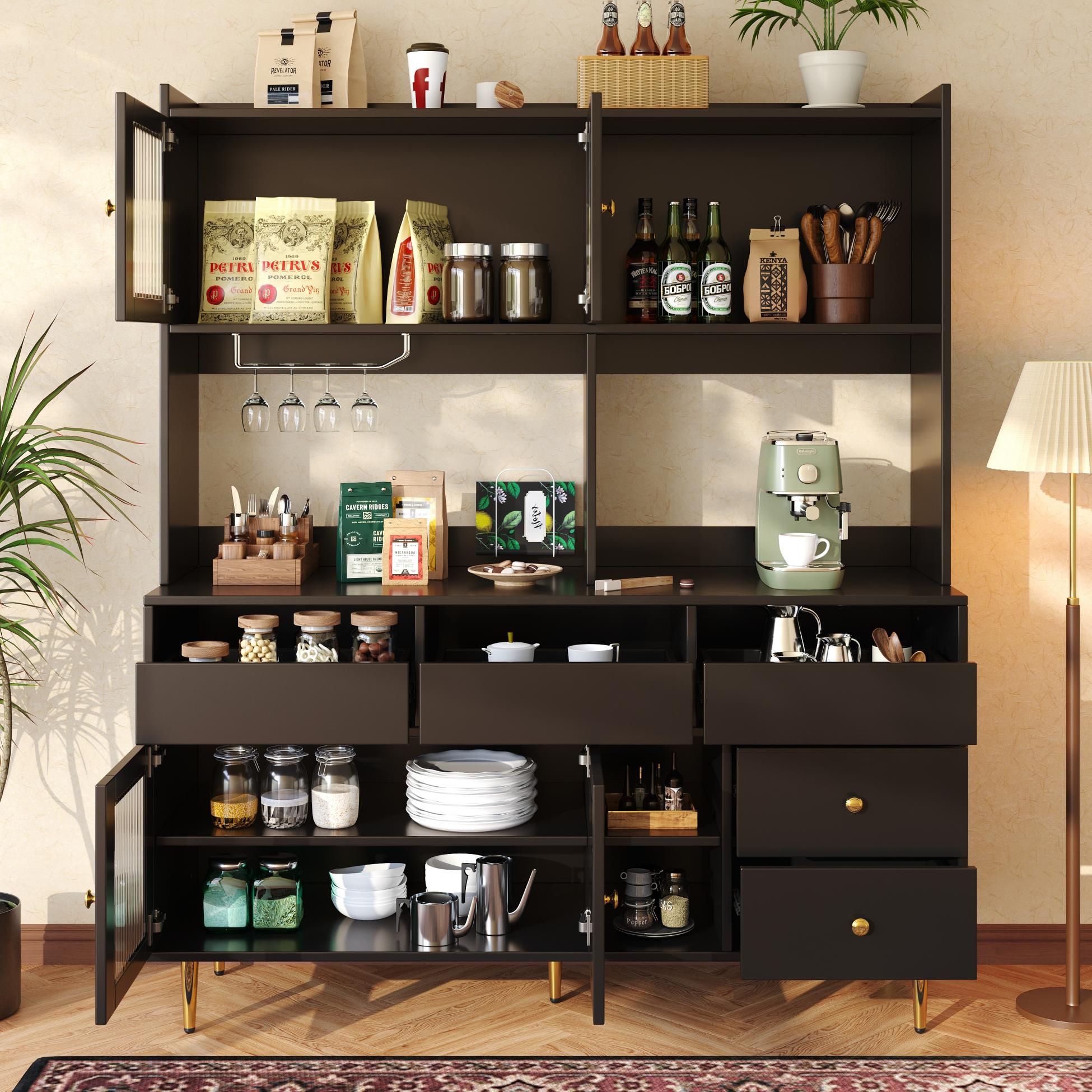 Buffet haut de salle à manger avec portes en verre dépoli, range-verres et espaces de rangement – Noir avec détails dorés – 145×39×171 cm - 3