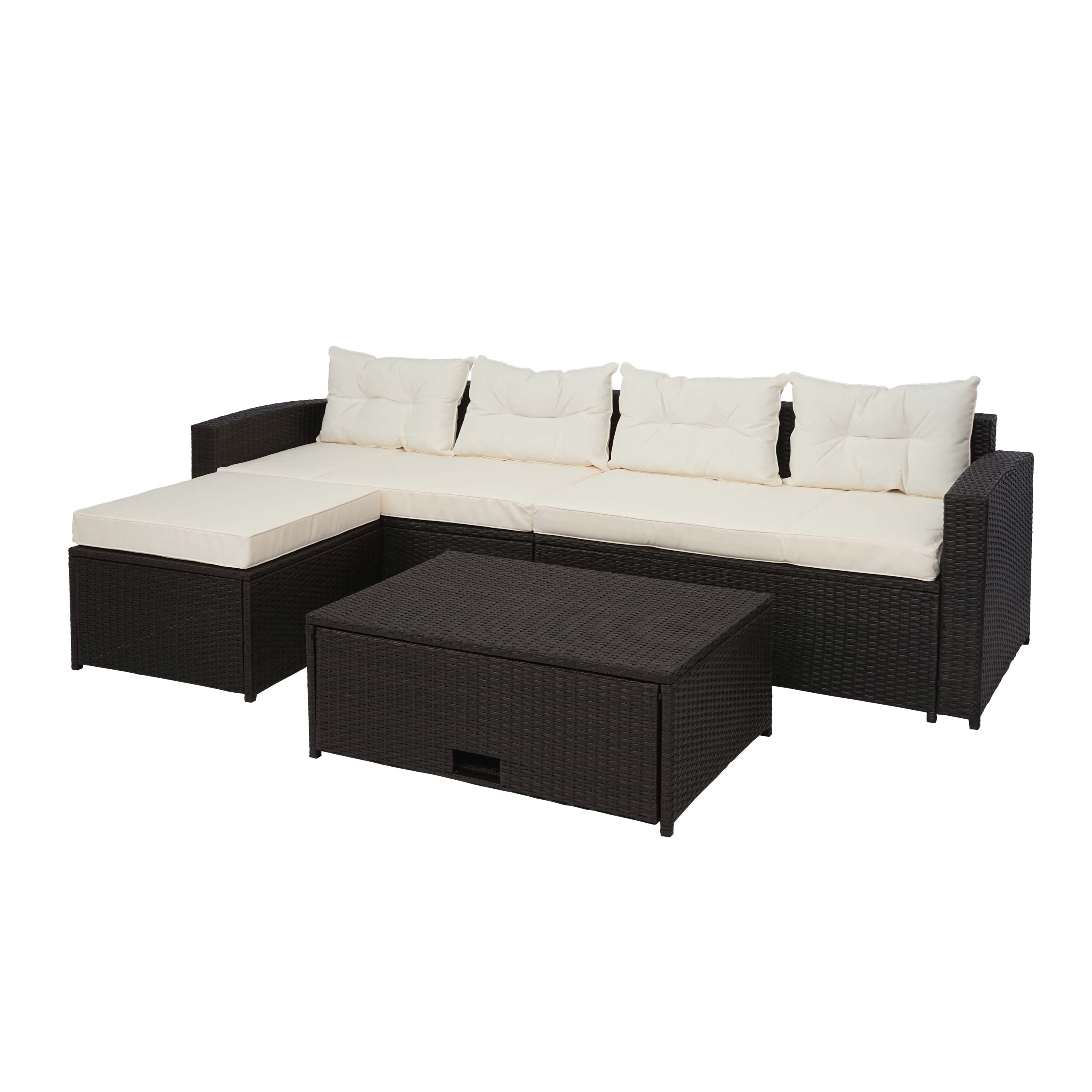 Zestaw polirattanowy HWC-J34, zestaw balkonowy/ogrodowy/salonowy Sofa, schowek ~ brązowy, poduszki kremowo-beżowy