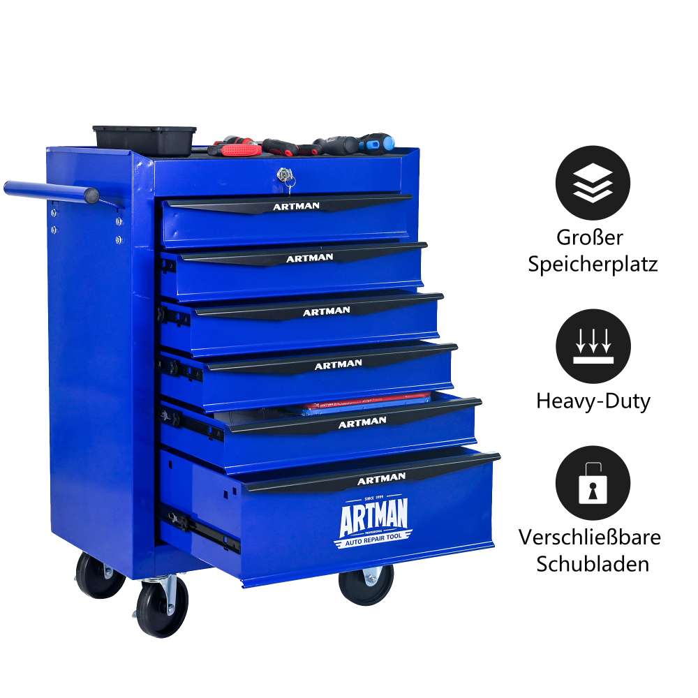 Caisse à outils roulante 6 tiroirs, glissières à billes, boîte en acier, organiseur, noir et bleu. - 2