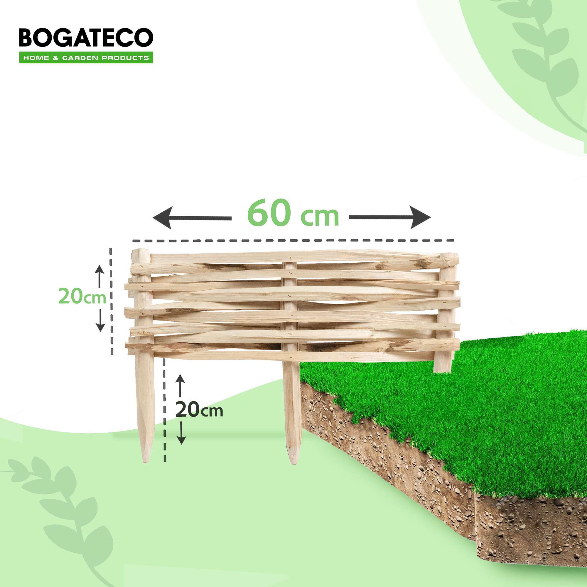 BOGATECO Lot de 3 Bordures de Jardin en Noisetier Naturel - Longueur 60 cm - Hauteur 20 cm - Clôture à Planter - Support de Parterre en Bois - 2