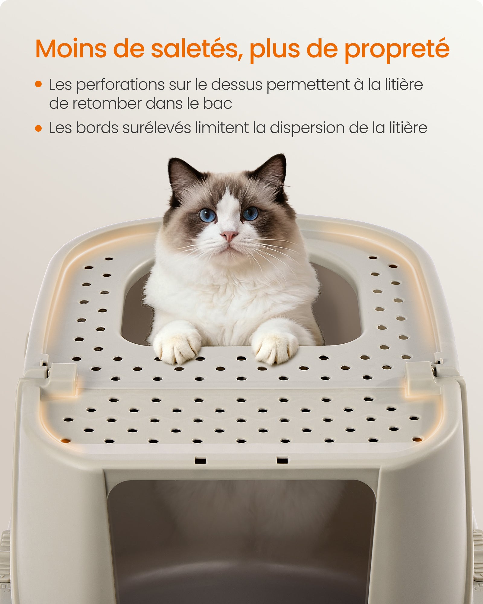 Grand Bac à Litière pour Chat, Taille XXL, Litière pour Chat avec Couvercle Basculant, avec Pelle et Brosse, pour Chats Jusqu’à 15 kg, Avoine et Gris - 6
