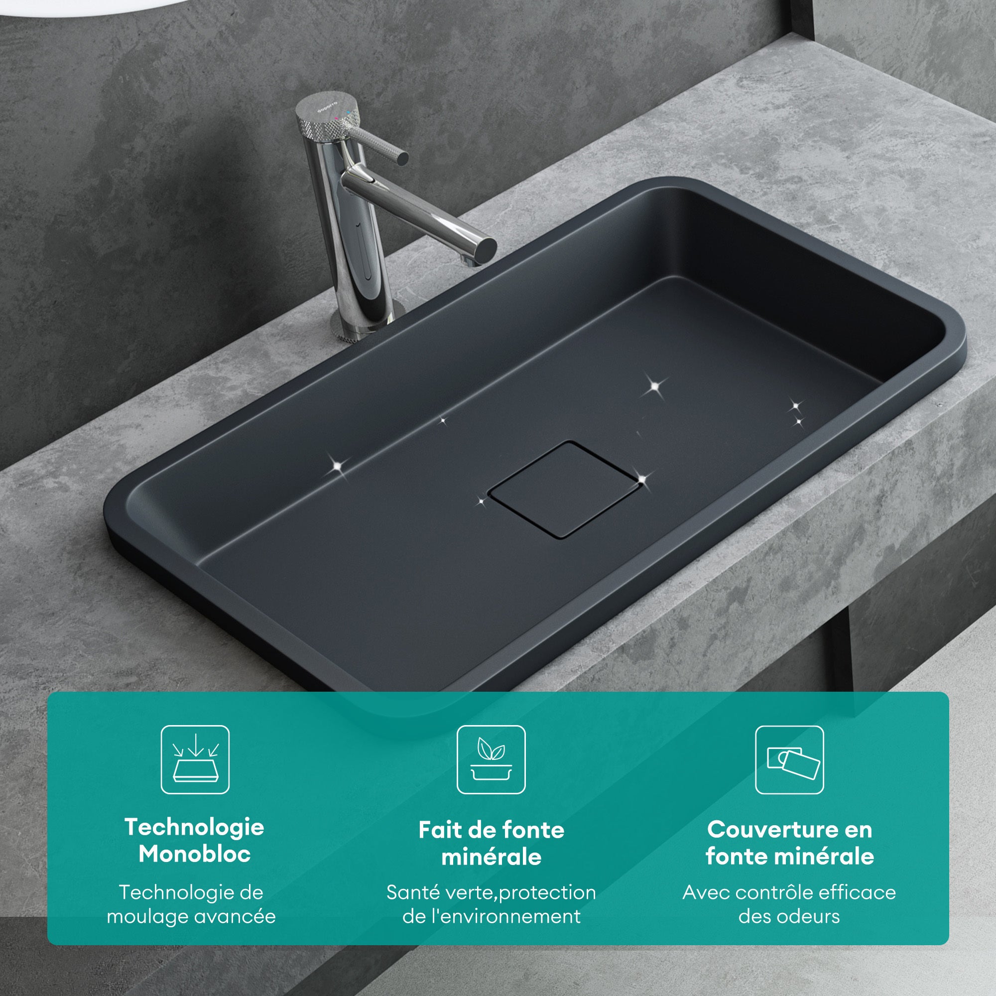Vasque à Encastrer, Lavabo Rectangulaire, Lave Mains Gris Noir Mat en Résine, 53x33x10,5cm, sans Trop-Plein, Cache-Bonde Inclus, Col104 Mai & Mai - 2