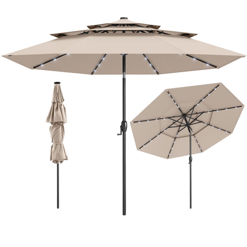 Parasol przeciwsłoneczny 300 cm z oświetleniem solarnym LED, odporny na wiatr, stabilny, parasol tarasowy z korbą, na balkon (beżowy)