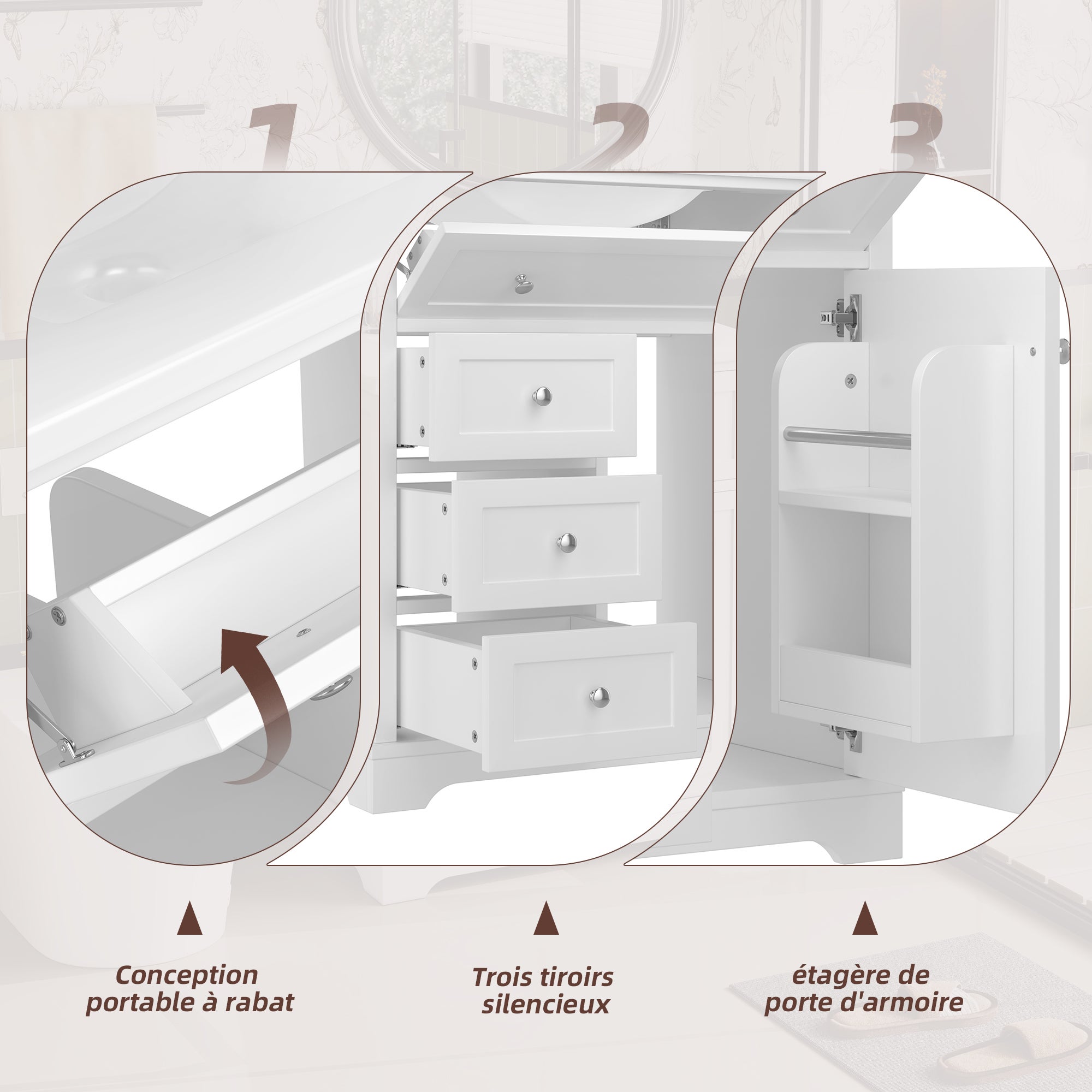 Meuble de salle de bain sur pied avec vasque intégrée (sans robinet), meuble bas avec vasque en céramique - 2 portes et 3 tiroirs - 76x46x87 cm -Blanc - 5