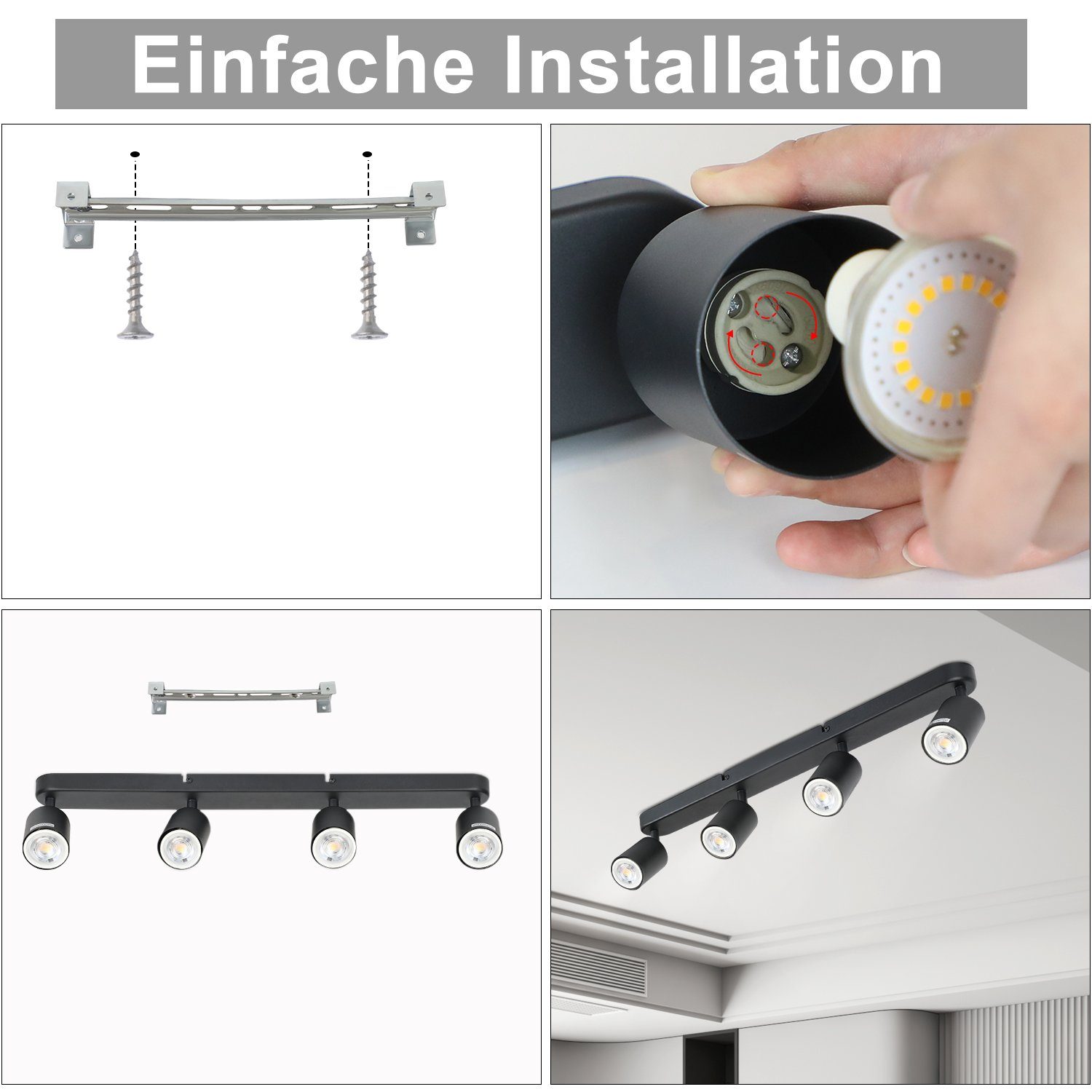 NETTLIFE 4 Focos GU10 Max.25w Luz de Techo LED Negra Foco para Sala de Estar Ajustable 350° para Dormitorio Cocina Mesa de - 4