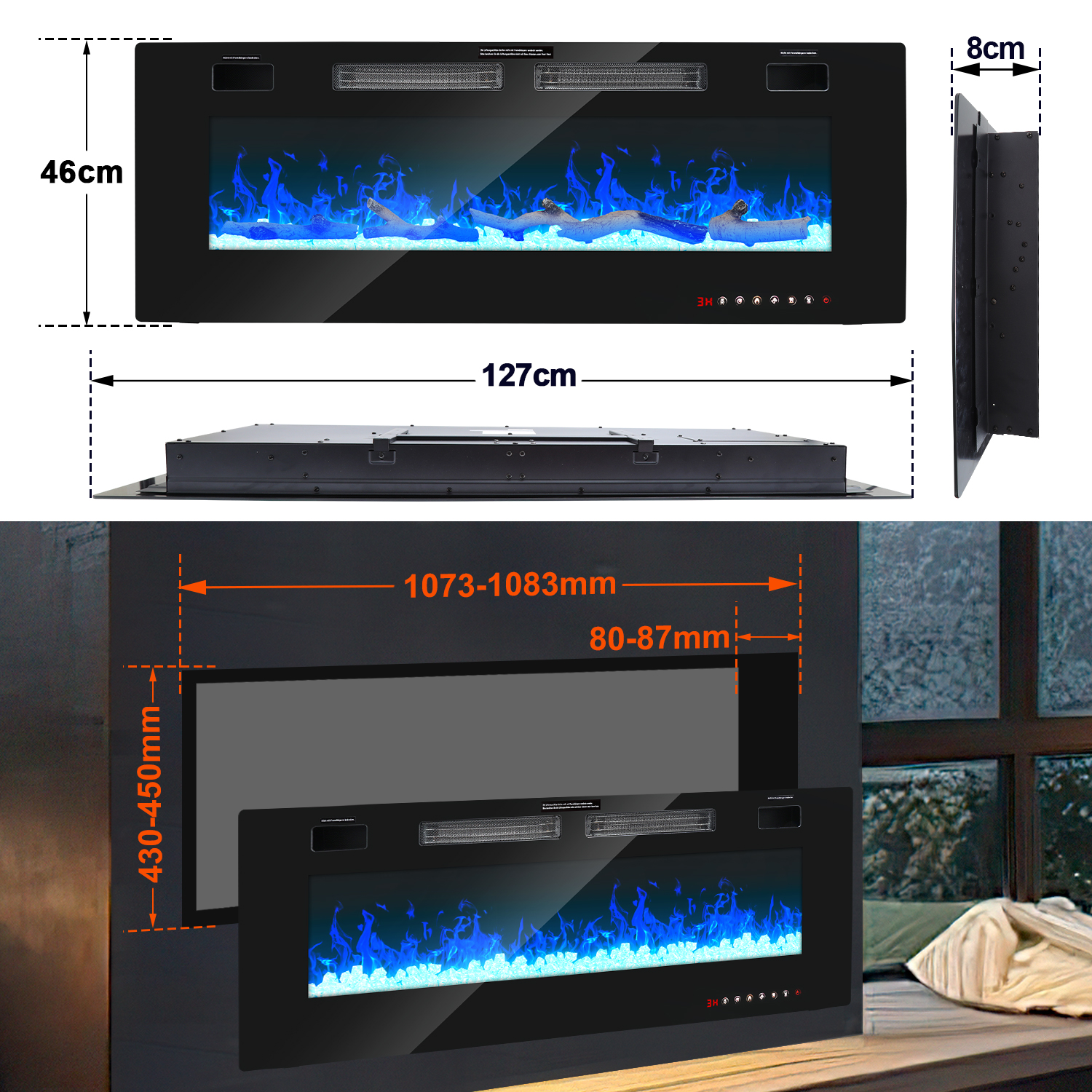 Cheminée Electrique Murale 750/1500W 12 Couleurs de Flamme LED avec Télécommande et Minuterie 1 à 8 Heures Foyer Noir - 2