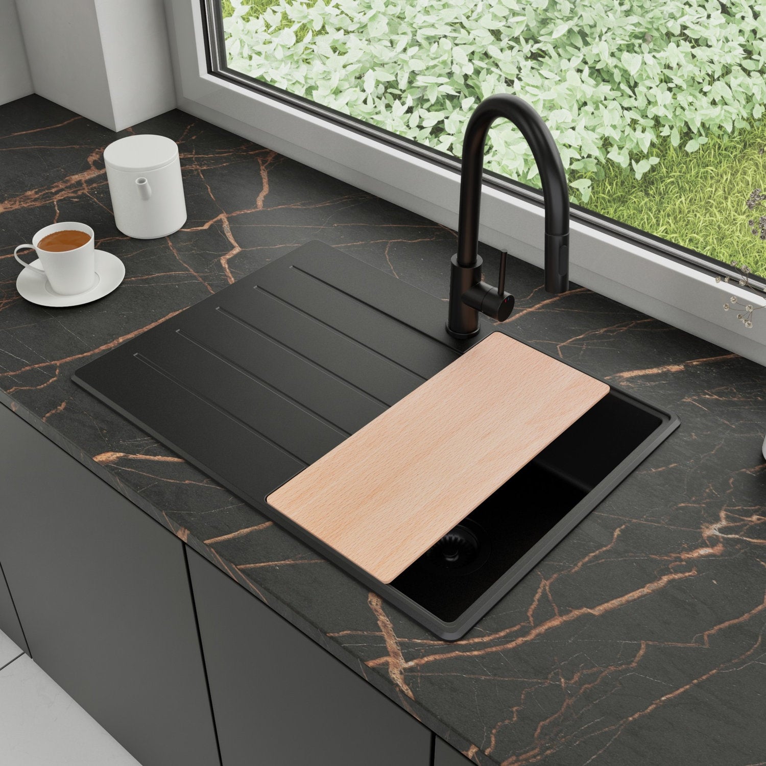 Zlewozmywak Granitowy 70x50cm, do szafki od 40cm + Bateria + Syfon + Deska - Ametyst Cały Czarny STONESTYLE